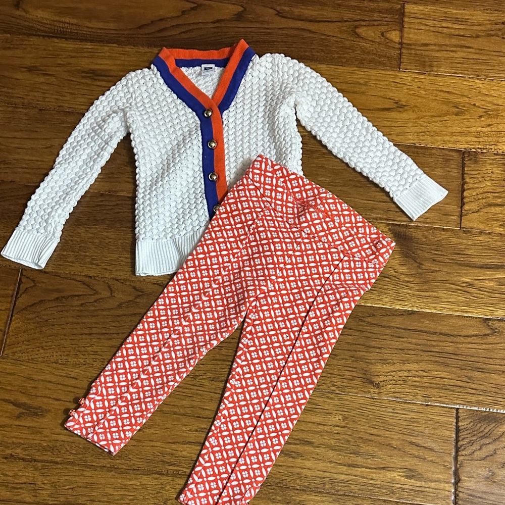 White Cardigan and Red Patterned Leggings Set